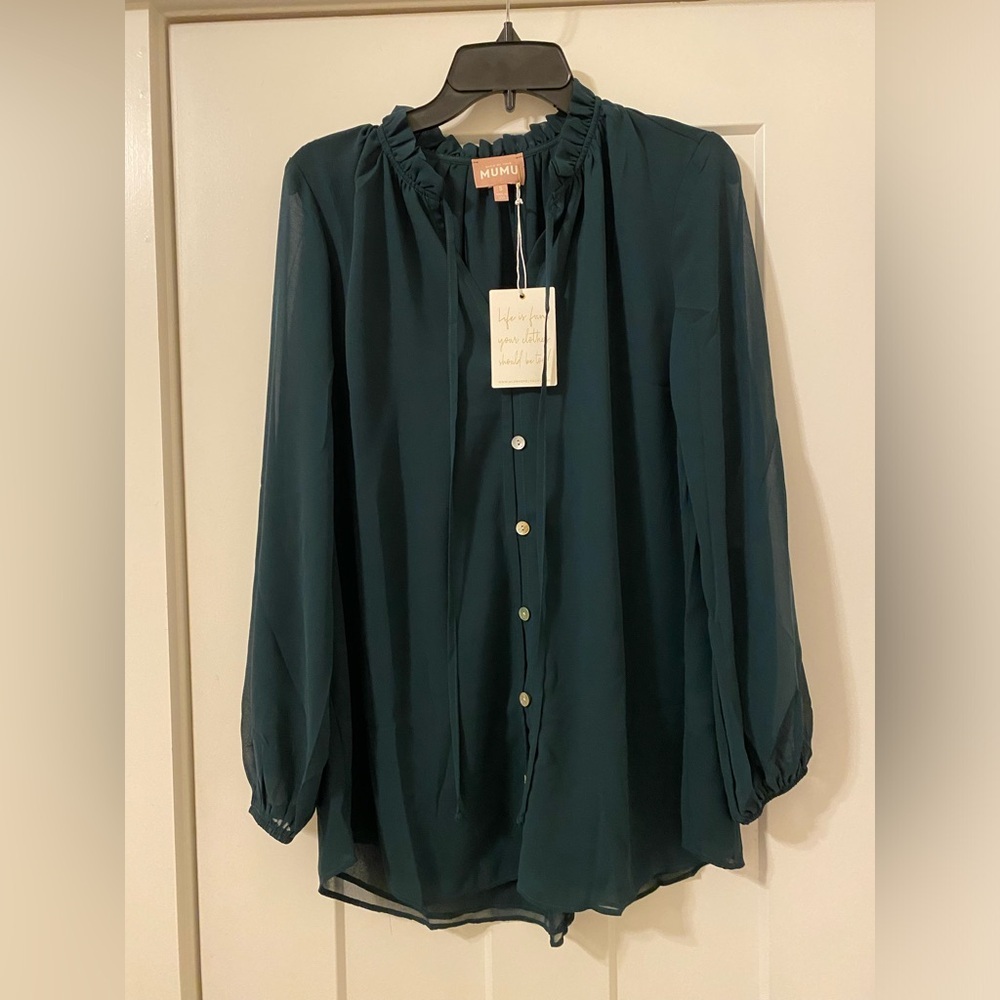 Mumu Emerald Chiffon Alicia Button Down Tunic Top